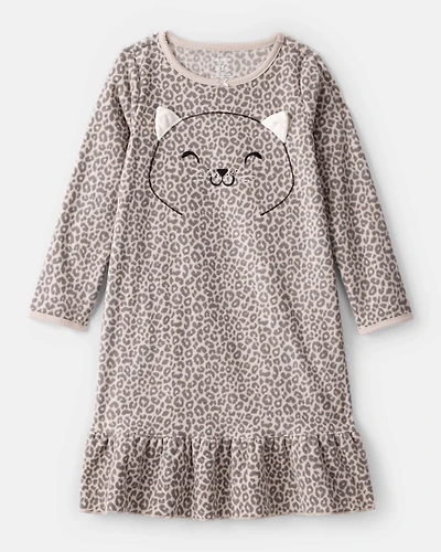 Girls Leopard Print Fleece Long-Sleeve Loose Fit Night Gown - Brown
