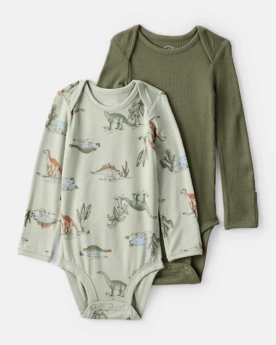 Baby Boy 2-Pack Dinosaur Print PurelySoft Long-Sleeve Multipack Bodysuits - Green