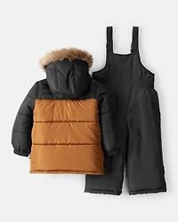 Toddler Boy 2-Piece Color Block Hooded Snowsuit Jacket & Bib Set - Brown/Black