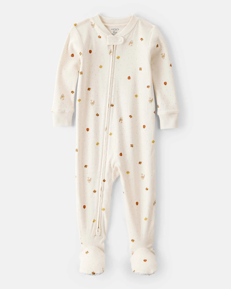 Baby Thanksgiving Print 100% Cotton Long-Sleeve 2-Way Zip Footed 1-Piece Pajamas - Ivory