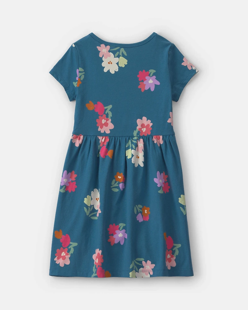 Girls Floral Short-Sleeve Dress - Navy Blue