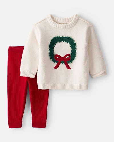 Baby Girl 2-Piece Wreath Long-Sleeve Sweater & Pant Set - White/Red