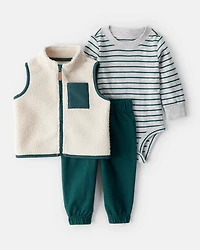Baby Boy 3-Piece Fleece Vest Outfit Set - Green