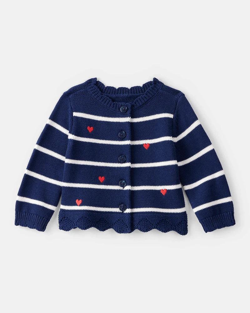Baby Girl Striped Heart Long-Sleeve Cardigan - Navy