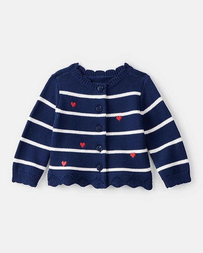 Baby Girl Striped Heart Long-Sleeve Cardigan - Navy
