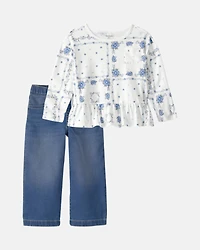 Toddler Girl 2-Piece Floral Peplum Top & Denim Jeans Set - White/Blue