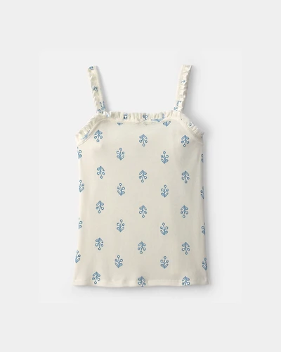 Girls Floral Ribbed Ruffle Tank - Ivory