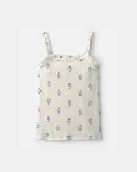 Girls Floral Ribbed Ruffle Tank - Ivory