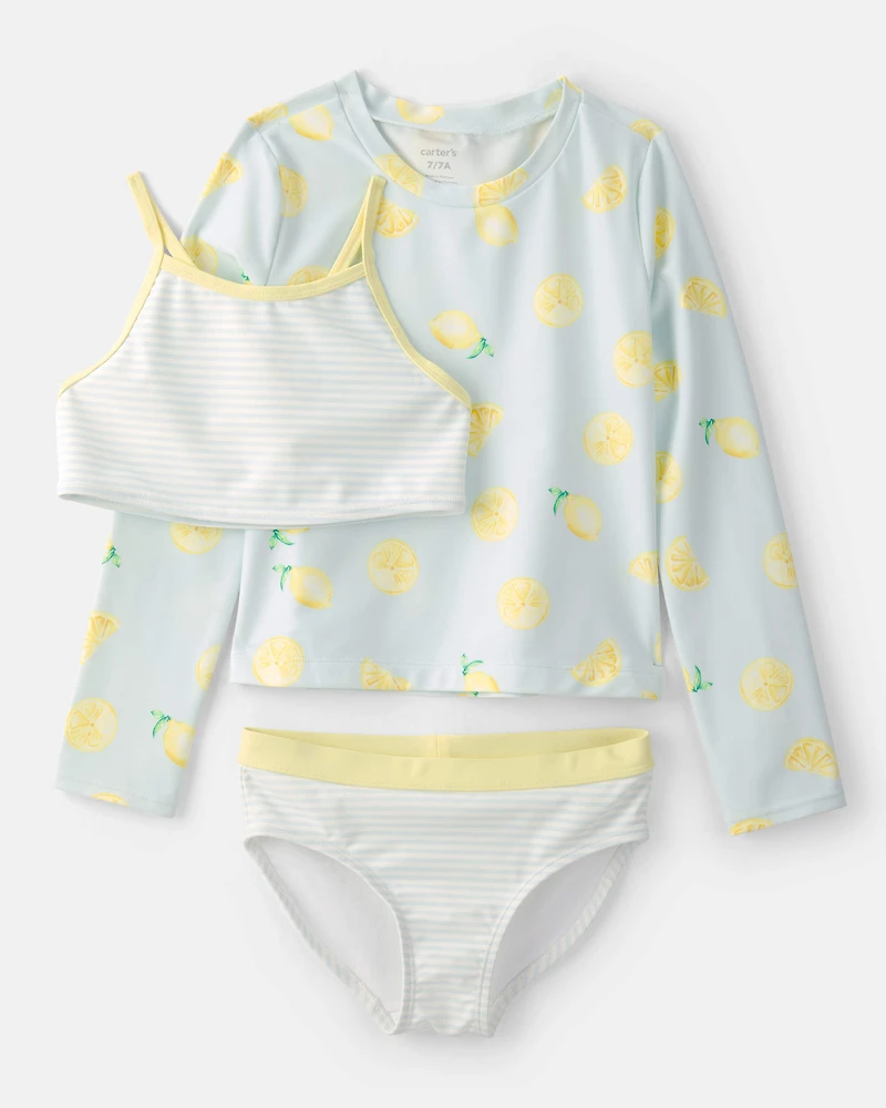Girls 3-Piece Lemon Striped Rashguard Swimsuit Set - Blue