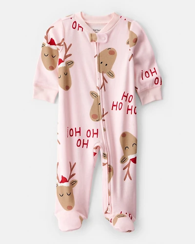 Baby Girl Reindeer 100% Cotton Snug Fit 2-Way Zip Sleep & Play Pajamas - Pink