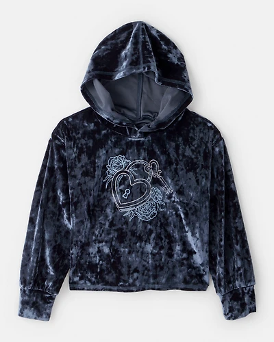 Girls Heart Embroidered Hooded Velour Top - Blue