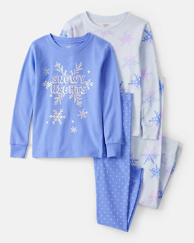 Girls Snowflake Print 100% Cotton Long-Sleeve Snug Fit 4-Piece Pajamas - Blue