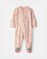 Baby Girl Strawberry 100% Cotton 2-Way Zip Sleep & Play Pajamas - Pink