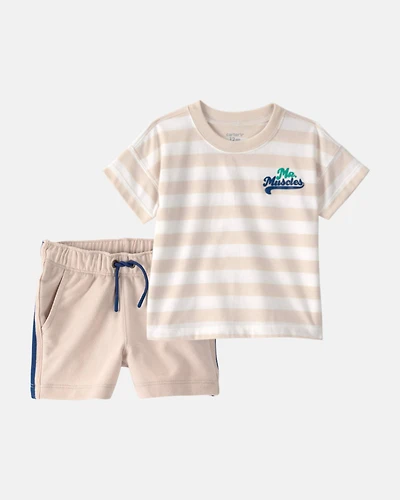Toddler Boy 2-Piece 'Mr. Muscles' Striped Top & French Terry Shorts Set - Tan/White