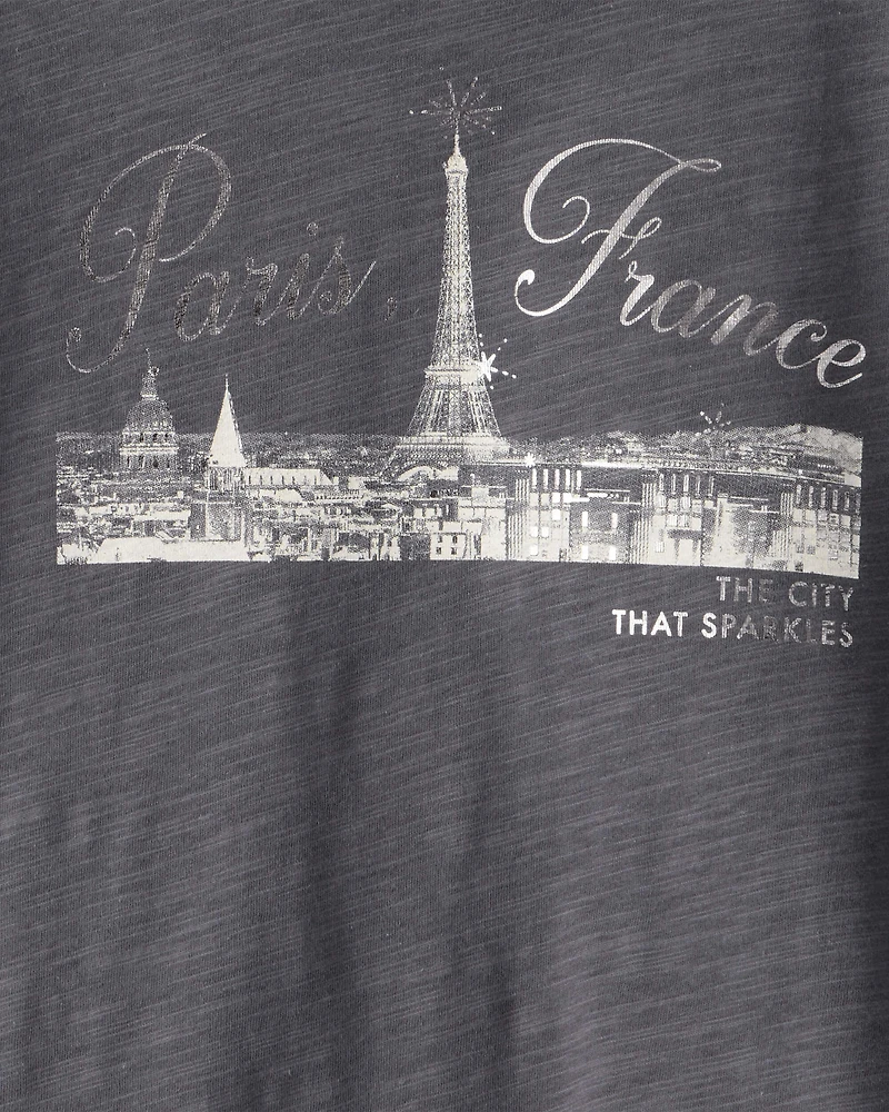 Girls Paris Cotton Short-Sleeve Graphic Tee - Grey