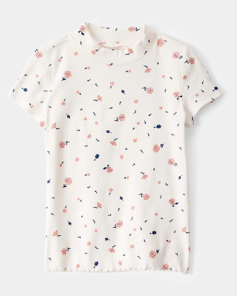 Kid Floral Mock Neck Ribbed Tee - Ivory