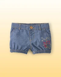 Baby Girl Disney© Winnie the Pooh Chambray Embroidered Bubble Shorts - Medium Wash