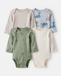 Baby Boy 4-Pack Dragon Star Print Cotton Long-Sleeve Multipack Bodysuits - Blue/White/Green