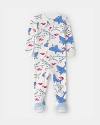 Toddler Boy Shark 100% Cotton Snug Fit 1-Piece Footie Pajama - Ivory