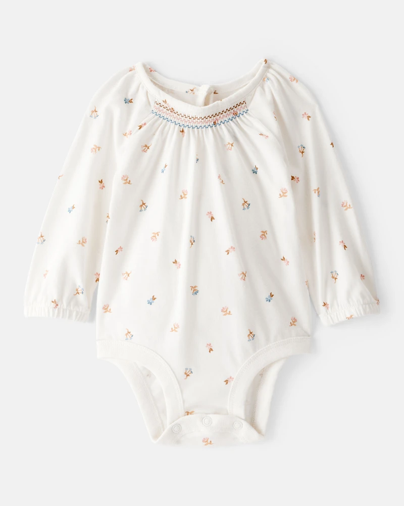 Baby Girl Floral Print Long-Sleeve Fashion Bodysuit - Ivory