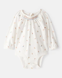 Baby Girl Floral Print Long-Sleeve Fashion Bodysuit - Ivory