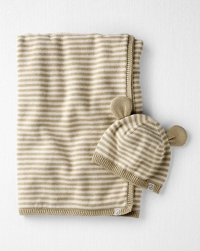 Baby Organic Cotton Sweater Knit Blanket and Cap Gift Set