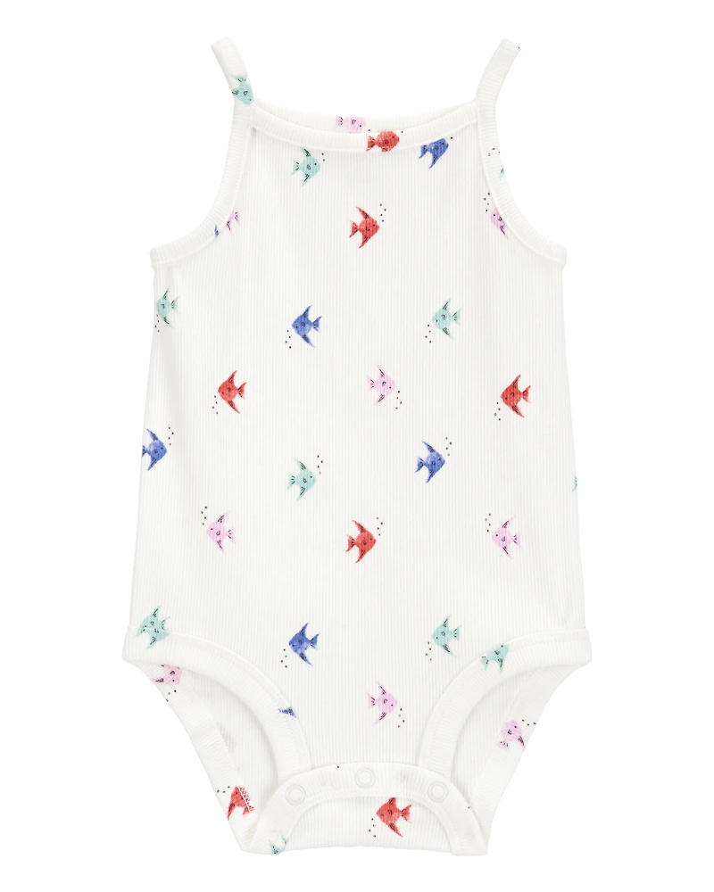 Baby Girl Fish Print Sleeveless Bodysuit - Ivory