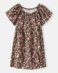 Girls Floral Cotton Short-Sleeve Dress -Brown
