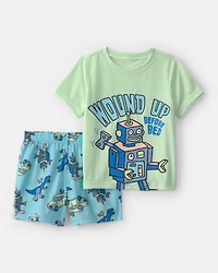 Toddler Boy Robot Short-Sleeve Loose Fit 2-Piece Pajama Set - Green/Blue