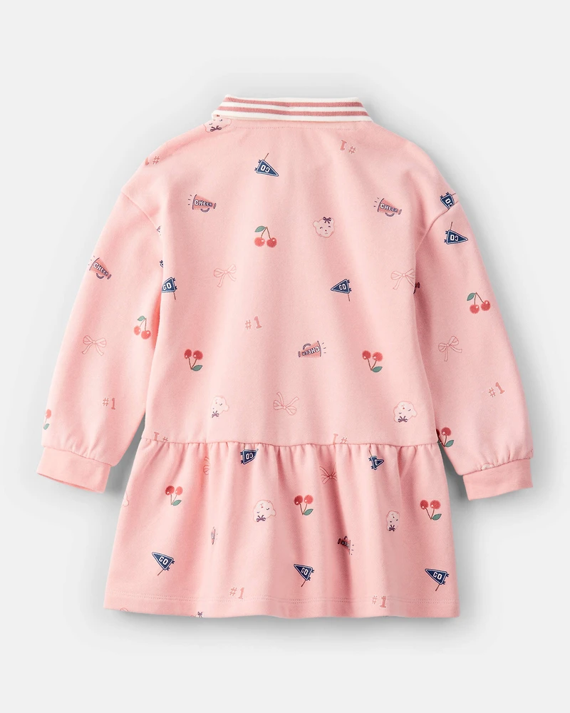 Toddler Girl Art Print Collared Long-Sleeve Dress - Pink