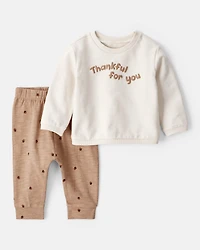 Baby 2-Piece Acorn Thanksgiving Print Cotton Long-Sleeve Tee & Pant Set - White