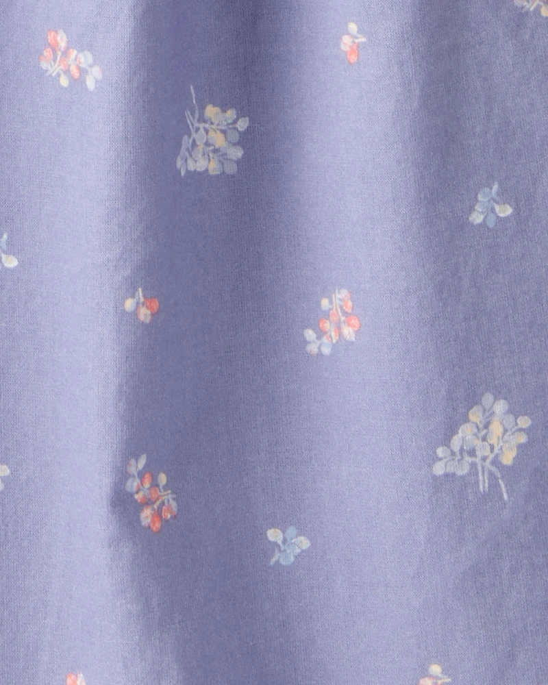 Girls Floral Print Short-Sleeve Cotton Dress - Blue