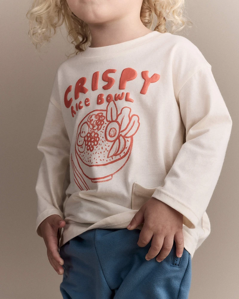 Toddler 'Crispy Rice Bowl' Long-Sleeve Relaxed Graphic Tee - Cream