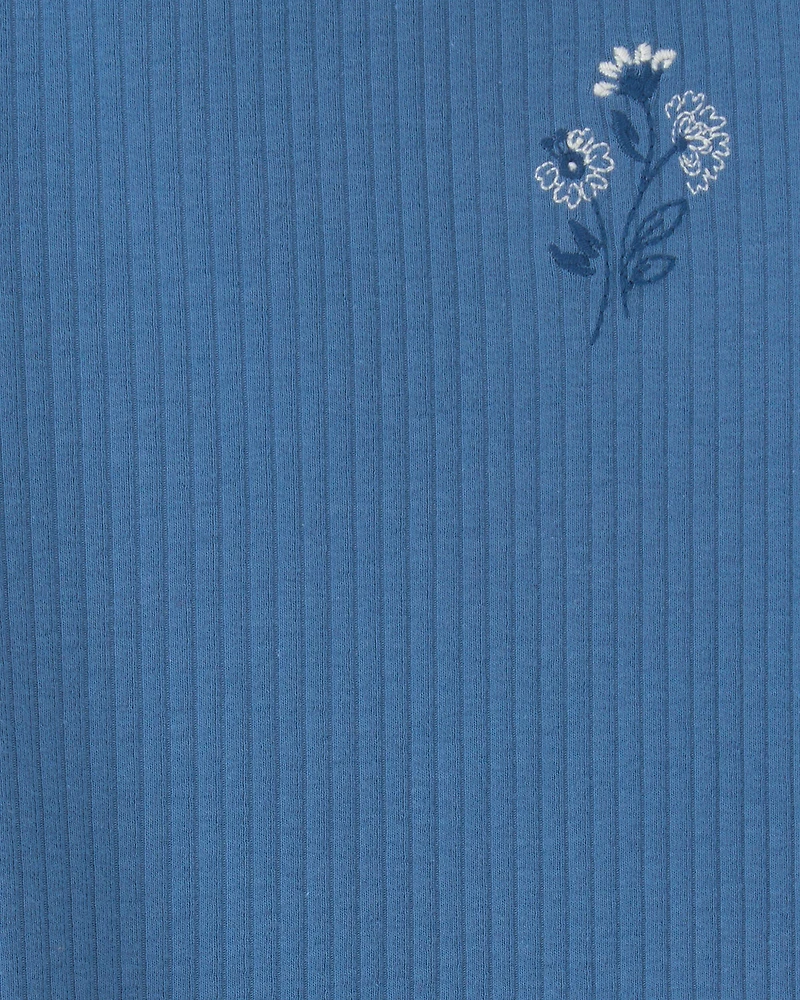Toddler Girl Flower Embroidered Rib Top - Blue