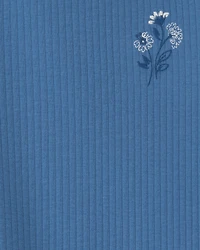 Toddler Girl Flower Embroidered Rib Top - Blue