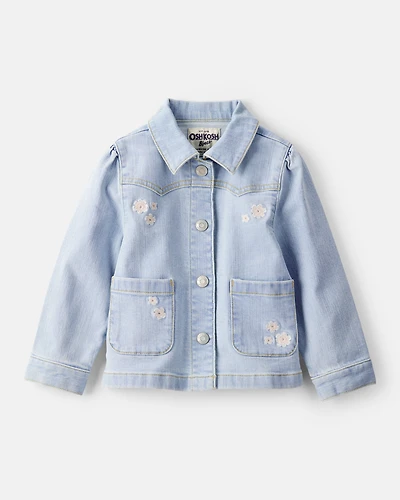 Toddler Girl Flower Embroidered Denim Jacket - Light Wash