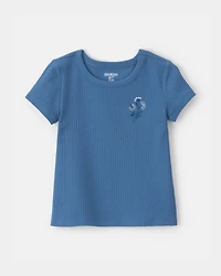 Toddler Girl Flower Embroidered Rib Top - Blue
