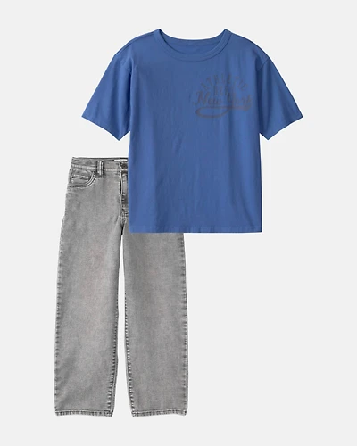 Boys 2-Piece 'Athletic Dept' Tee & Denim Jeans Set - Brown/Grey