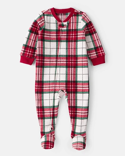 Baby Plaid Print Fleece Long-Sleeve Loose Fit 1-Piece Pajamas - Red/White