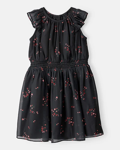 Girls Floral Short-Sleeve Occasion Dress - Black