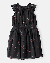 Girls Floral Short-Sleeve Occasion Dress - Black