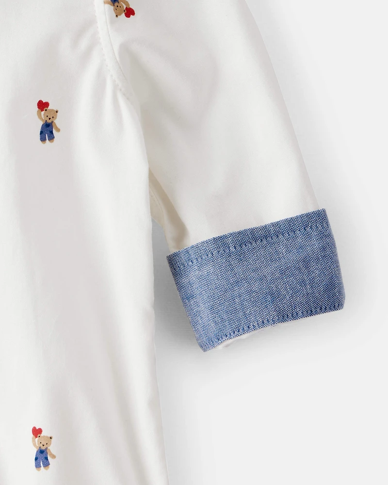Baby Boy Bear Print Long-Sleeve Button-Down Bodysuit - White