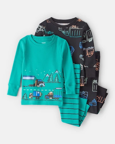 Baby Boy Truck 100% Cotton Loose Fit 4-Piece Pajamas - Green