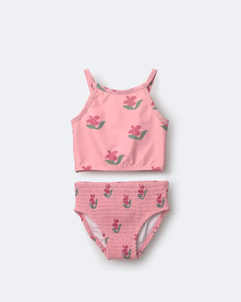 Toddler Girl Smocked Tankini in Floral Print - Pink