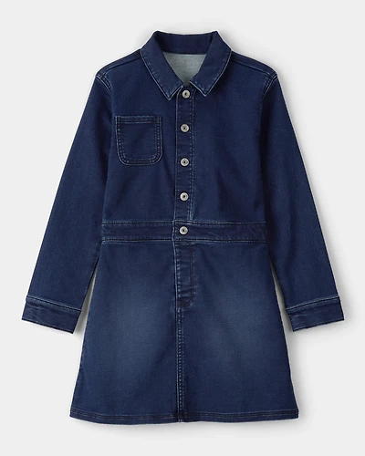 Girls Dark Wash Denim Long-Sleeve Dress - Blue