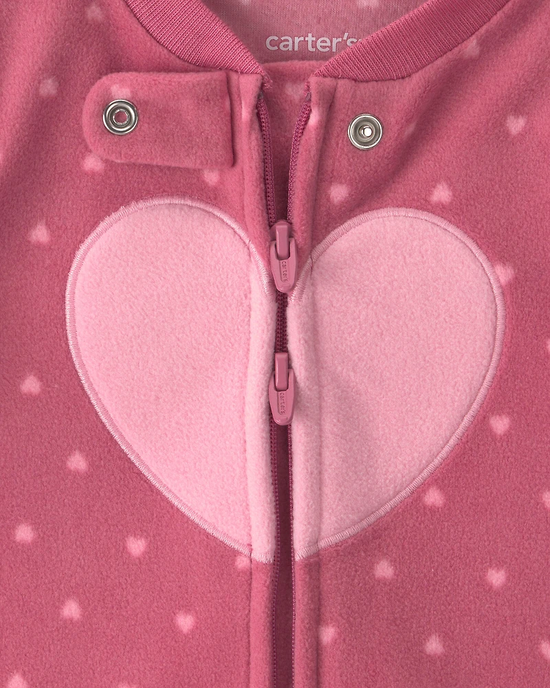 Baby Girl Heart Fleece 2-Way Zip Sleep & Play Pajamas - Pink