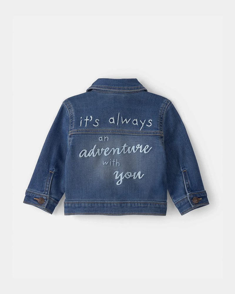 Baby Disney© Winnie the Pooh Embroidered Knit-Like Denim Jacket with Back Art - Dark Wash