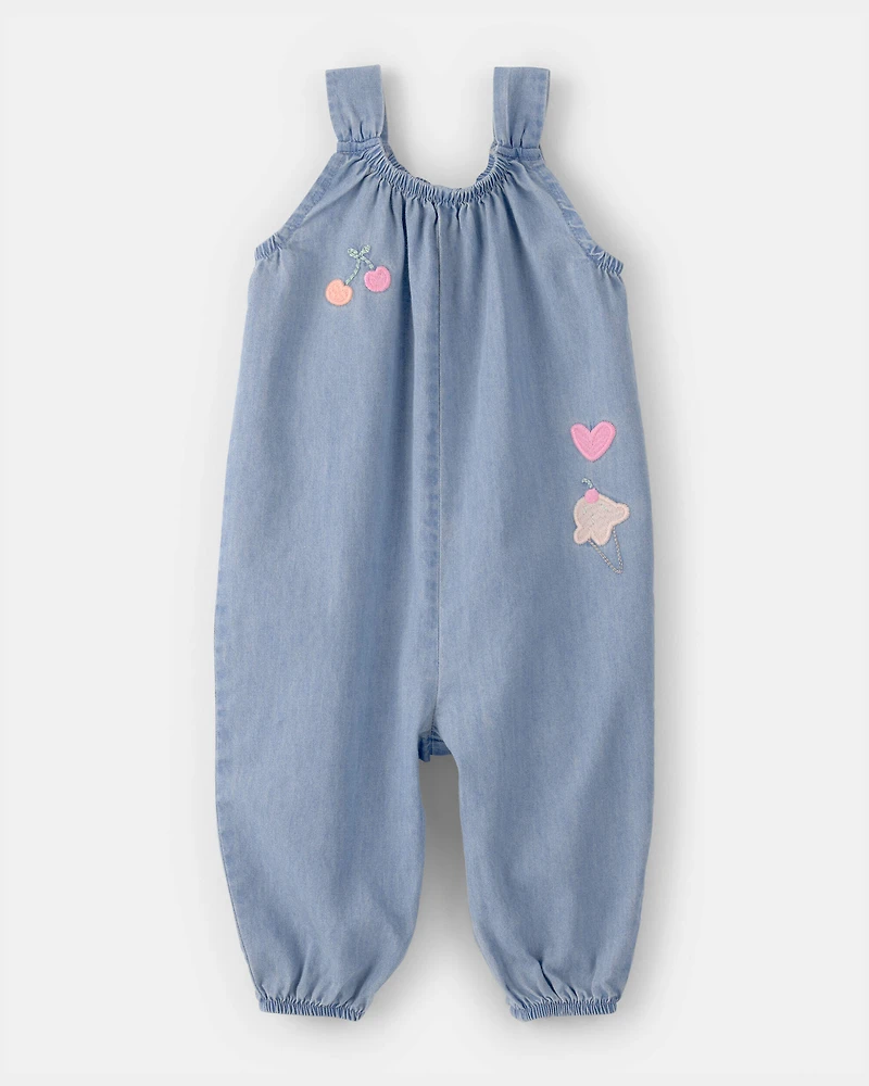 Baby Girl Embroidered Chambray Sleeveless Jumpsuit - Blue
