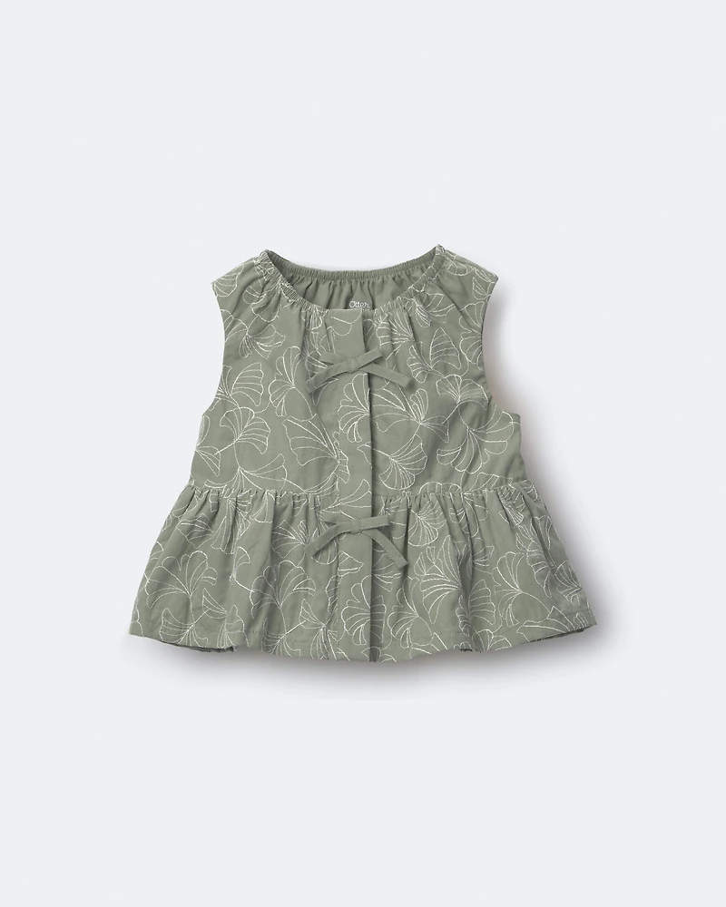 Toddler Girl Embroidered Peplum Top in Floral Print - Green