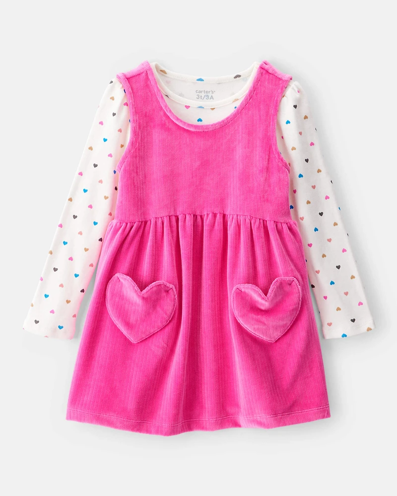 Toddler Girl Heart Velour Dress Set - Pink
